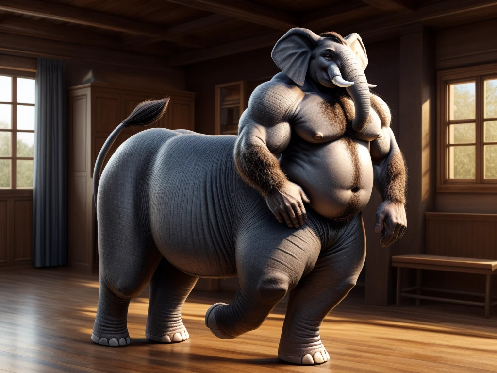 furry, fur taur, huge elephant, elephant taur, middle-age, solo,1man, detailed face, elephant ears, elephant eyes(green), elephant nose, elephant mouth, garibaldi beard(grey), hair, mature hair(grey), detailed arm, thick arm, forearm hair, muscular, thick hands(5 fingers), detailed body belly, thick body, grey skin, muscle belly(white), thick chest, chest hair(white), nipples, detailed taur body, thick taur body, waist hair, thick elephant paws, elephant paws hair, thick elephant tail, elephant tail, full body shot, standing in the station