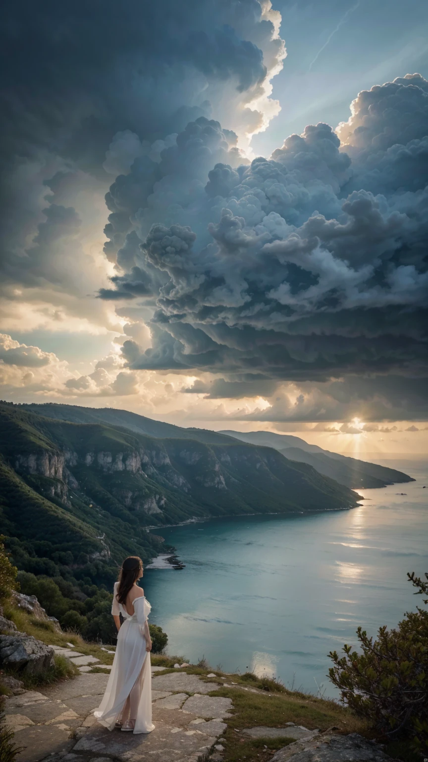 best quality,4k,8k,Ultra high resolution ,masterpiece:1.2),ultra-detailed,(realistic,photorealistic,photo-realistic:1.4), A young man dressed in white is standing on top of a mountain with his arms raised. Big sea below. The sky is covered with dark clouds. Full Body Back View, Back View,Full body back view,back view, Hyper-realistic photography, gentle soft natural lightning, real photo,Cinematic style,realistic environment,low contrast, 32k resolution , highly detailed, realistic dress. Ultrarealistic water, tall hills