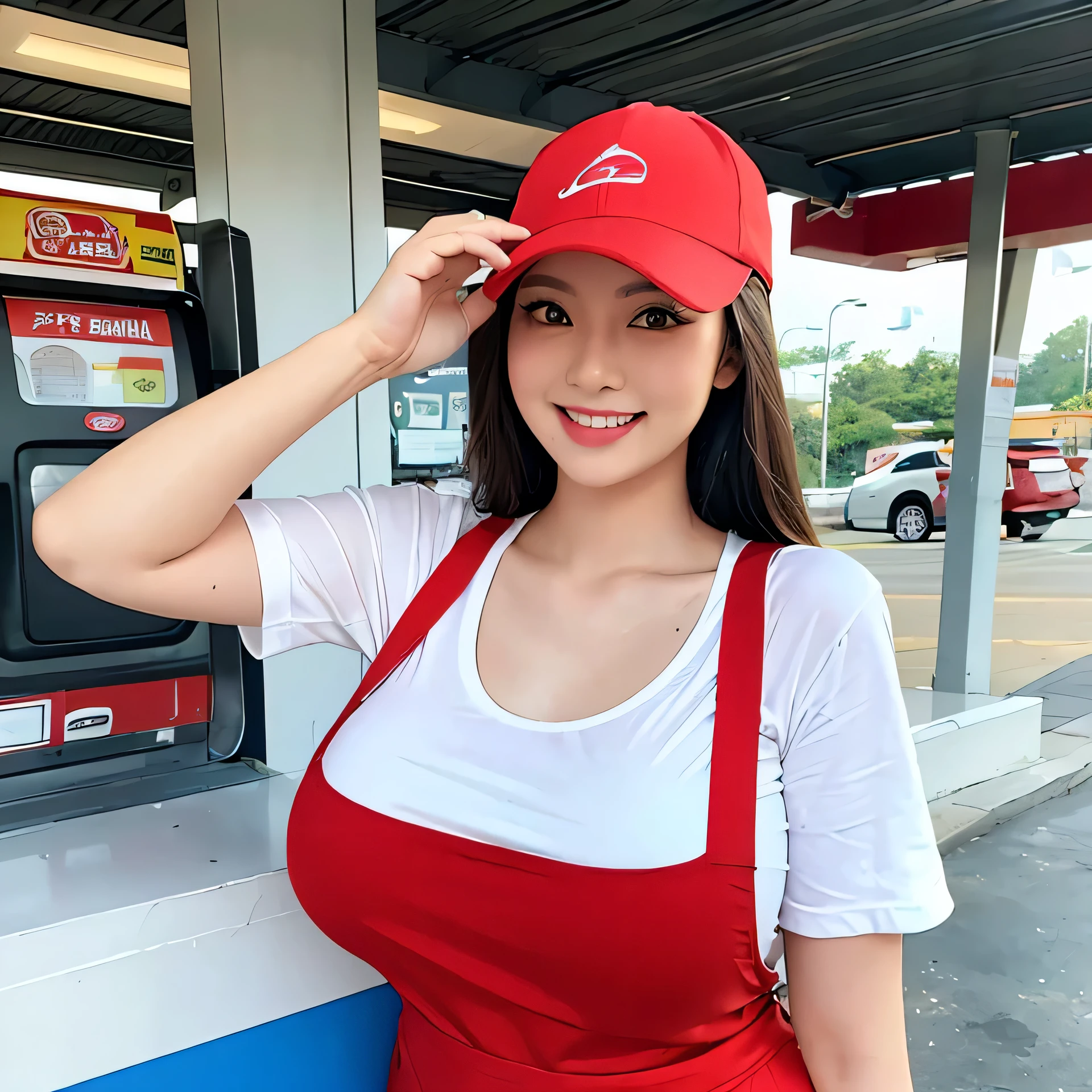 Medium shoot, a realistic beautiful Asian female, slim, curvy, ((big breasts)), wearing a red thin apron with big pockets and a red baseball cap, is filling up with fuel at a "pertamina" gas station. The girl smiles at the camera