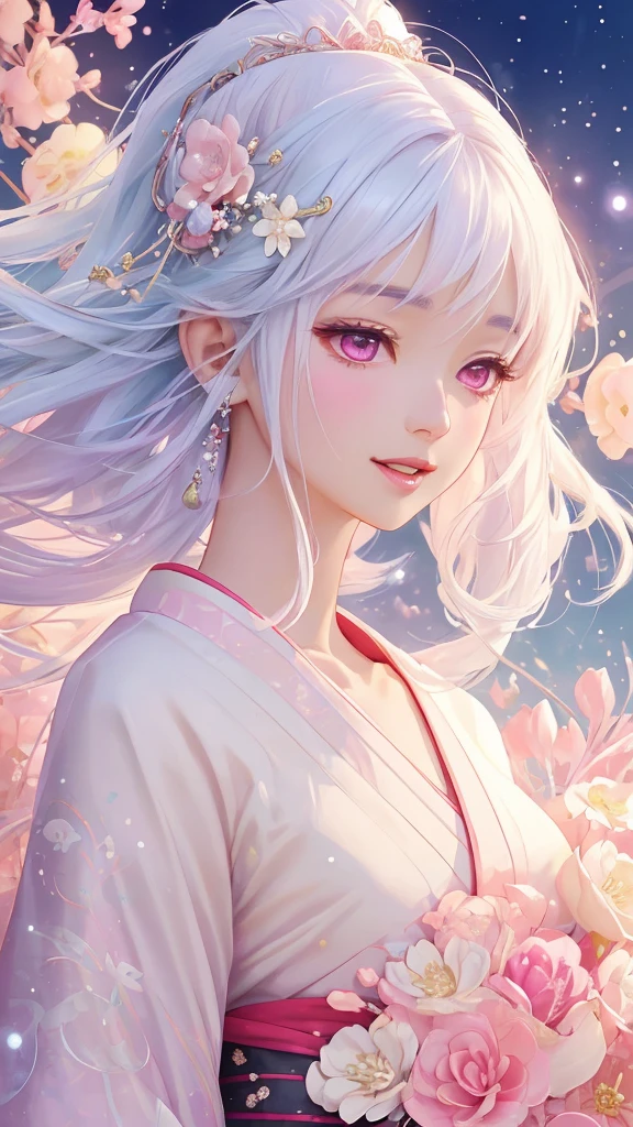 Dazzling colorful lights,Intricate details,Face close-up,Pale pink eyes and white hair with crystal details,Beautiful woman,White flowers in her hair,Pale skin,Light background,Fantasy art style,Fantastic illustrations of Kawashi,pastel colour,Inspired by anime aesthetics,Ethereal Light,Fantasy Style,clavicle,Exposed shoulders,Floating Feather,Shining in a variety of colors,In anime style.,Side angle of view,Ultra-high resolution,Textured skin,Attention to detail,Highest quality,Highest quality,Facing forward、Put on your kimono and face forward、Face forward with your whole body、Gaze, Open your mouth, Character portrait, Look at this, Make eye contact、Overall, forward-looking、Facing forward as if speaking、smile, Open your mouth,