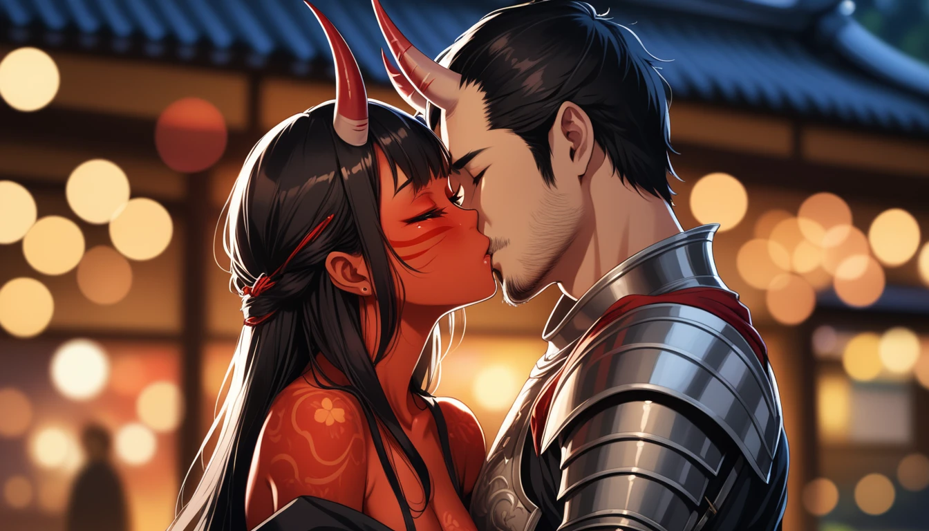 8K, RAW, best quality, masterpiece, ultra high res, colorful, portrait, (medium wide shot), (dynamic perspective), sharp focus , (depth of field, bokeh:1.3), extremely detailed eyes and face, beautiful detailed eyes, 
couple, hugs, kiss, kissing, passion, love, moment, 
(1girl, Japanese, Oni, horns, red skin, tail, long black hair, red eyes, breasts bandage, medium breasts:1.5), 
(1man, Human, human Knight, plate armor, muscular, stubble, short black hair, brown eyes:1.5),

forest background, dark forest, night time