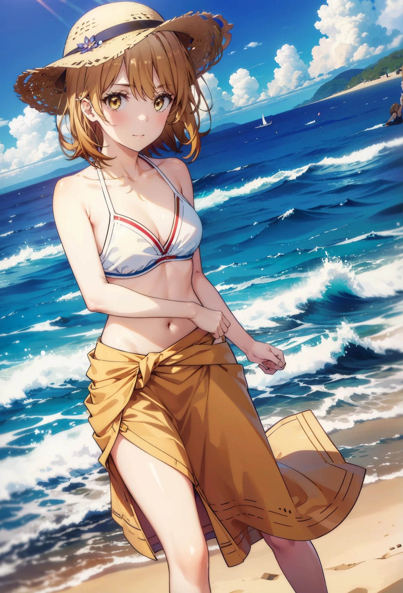 Irohaisshiki, isshiki iroha, short hair, Brown Hair, (Brown eyes:1.5),Open your mouth,clavicle,smile,Straw hat,Bikini Swimwear,barefoot,A long, thin skirt wrapped around the waist,belly button,abdomen, Dancer, gold belly Dancer,whole bodyがイラストに入るように,Strolling on the sandy beach,
break outdoors, Beach,
break looking at viewer, whole body,
break (masterpiece:1.2), Highest quality, High resolution, unity 8k wallpaper,, (shape:0.8), (Beautiful attention to detail:1.6), Highly detailed face, Perfect lighting, Highly detailed CG, (Perfect hands, Perfect Anatomy),