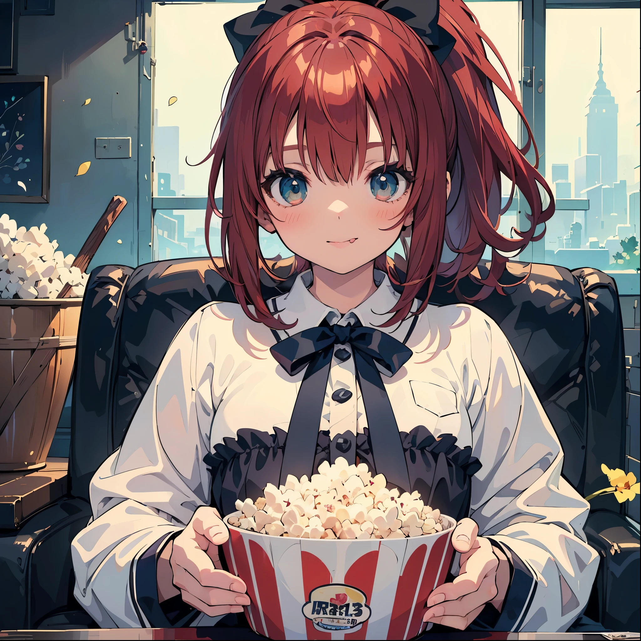 (masterpiece:1.2), (Highest quality:1.2), Ultra-high resolution, Very detailed, Perfect lighting, ((Anime girl holding a giant bowl of popcorn)), smile,Stick your tongue out,Surreal Girl, (,boyish , 13 yeaLarge Breasts,The charm ogyny, (Red hair),Fine and beautiful eyes, Well-proportioned iris and pupil, Expressive eyes, Beautiful and detailed lips, High resolution detailed hair, ponytail, movie theatre, Gweiz-style artwork, Makoto Shinkai'Art Style, Portrait of Rofi, Digital anime art, Makoto Shinkai style, LOFI Girl, Anime style illustrations, ロフィArt Style, Anime illustration