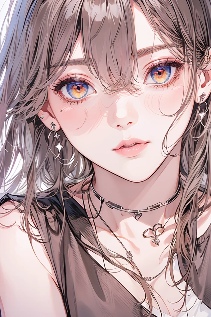 masterpiece, Highest quality, Pixiv, Cool girl, Dark pink brown hair, Curly Hair, Blunt bangs, Straight bangs, Grey Eyes, White skin,,Off-the-shoulder white T-shirt、 Improve、Face close-up、Midnight starry sky background