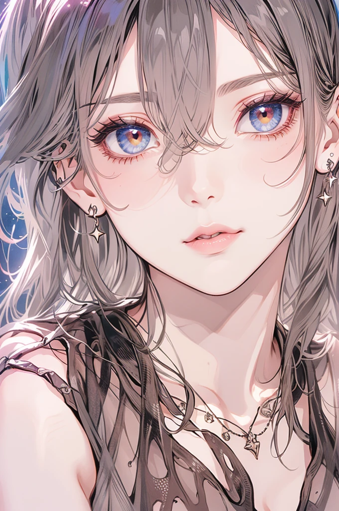 masterpiece, Highest quality, Pixiv, Cool girl, Dark pink brown hair, Curly Hair, Blunt bangs, Straight bangs, Grey Eyes, White skin,,Off-the-shoulder white T-shirt、 Improve、Face close-up、Midnight starry sky background