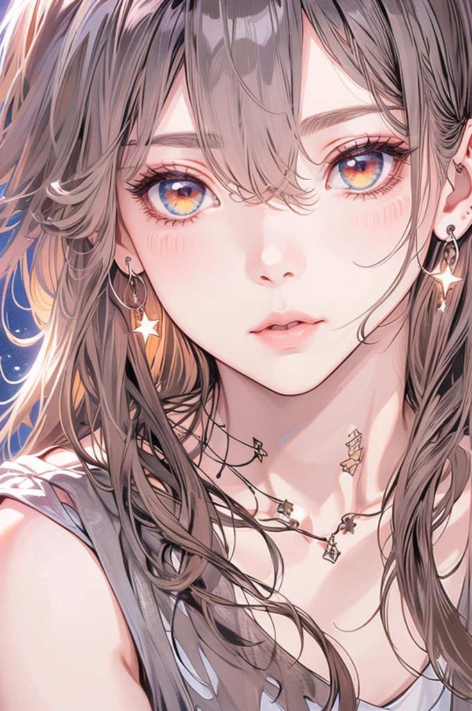 masterpiece, Highest quality, Pixiv, Cool girl, Dark pink brown hair, Curly Hair, Blunt bangs, Straight bangs, Grey Eyes, White skin,,Off-the-shoulder white T-shirt、 Improve、Face close-up、Midnight starry sky background