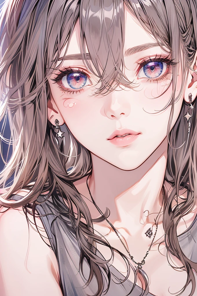 masterpiece, Highest quality, Pixiv, Cool girl, Dark pink brown hair, Curly Hair, Blunt bangs, Straight bangs, Grey Eyes, White skin,,Off-the-shoulder white T-shirt、 Improve、Face close-up、Midnight starry sky background