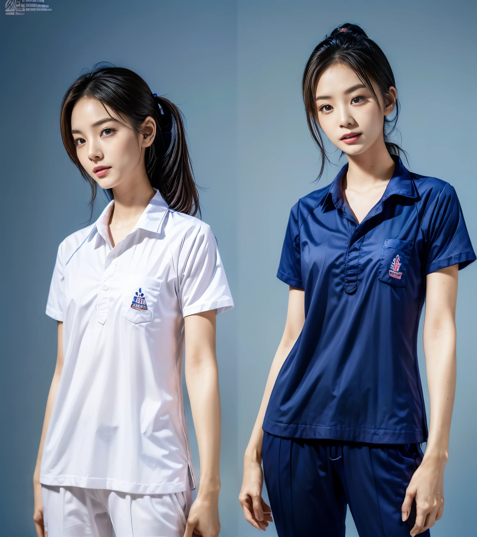 (best quality,10,10,height,Masterpiece:1.2),Special details,(realistic,ภาพrealistic,Realistic photos:1.37),1 Cute girl in the kitchen,shiny, ผิวshiny,only,smile softly,BDclothelue shirt:1.3)),short sleeve,shirt, กางเกงขาlong.,(navy_long_track pants:1.1), ((Kitchen Background)),Dynamic angle,excited,Face focus,dynamic poses,from behind,focus on ass,Masterpiece, best quality, ultra realistic, hyper detail, 8k resolution, raw photos, Sharp focus, ((Navy blue shirt:1.1)), short sleeve, เส้นทางlong, perfect body, 2 mature women, 18 years old, Cinema-grade lighting system,blue sweatpants,shirtผ้าออกกำลังกาย,correct anatomy,perfect body, correct body, Sharp face, correct bodyทางกายวิภาค, full body, realistic gestures, long-haired, realistic poses,Wear long shorts...........................,ช่วงขาlong,Good shape,carved girl, Slender figure, model, Good shape, beautiful body,blue sweatpants, two girls kissing
