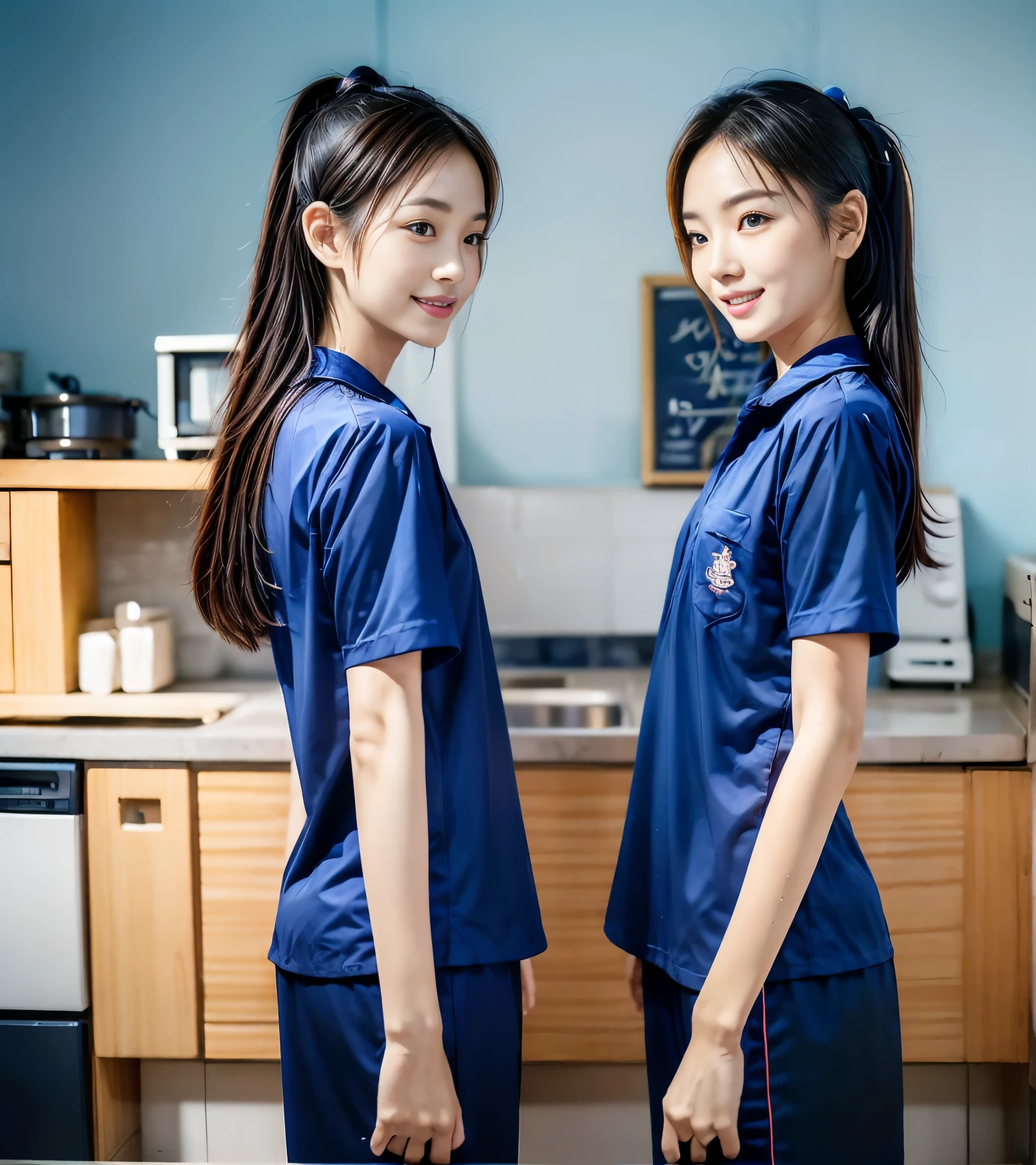 (best quality,10,10,height,Masterpiece:1.2),Special details,(realistic,ภาพrealistic,Realistic photos:1.37),1 Cute girl in the kitchen,shiny, ผิวshiny,only,smile softly,BDclothelue shirt:1.3)),short sleeve,shirt, กางเกงขาlong.,(navy_long_track pants:1.1), ((Kitchen Background)),Dynamic angle,excited,Face focus,dynamic poses,from behind,focus on ass,Masterpiece, best quality, ultra realistic, hyper detail, 8k resolution, raw photos, Sharp focus, ((Navy blue shirt:1.1)), short sleeve, เส้นทางlong, perfect body, 2 mature women, 18 years old, Cinema-grade lighting system,blue sweatpants,shirtผ้าออกกำลังกาย,correct anatomy,perfect body, correct body, Sharp face, correct bodyทางกายวิภาค, full body, realistic gestures, long-haired, realistic poses,Wear long shorts...........................,ช่วงขาlong,Good shape,carved girl, Slender figure, model, Good shape, beautiful body,blue sweatpants, two girls kissing