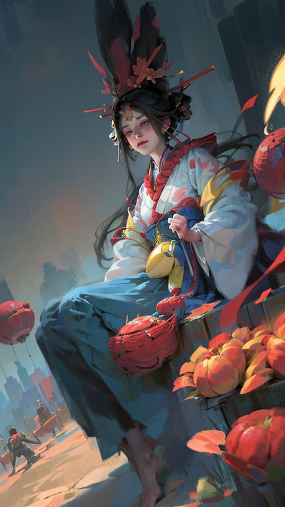 Highest quality, Pixiv, Black Hair, hair ornaments, kimono, hair flower, flower, kimono, mask, One girl, Sitting, Long Hair, with own hands, View your viewers, 6+boy, pray, multiple boy, Flower pattern print, Wide sleeves, chiaroscuro, cinematic lighting, (masterpiece:1.2), UHD, high details, best quality, highres, 8k