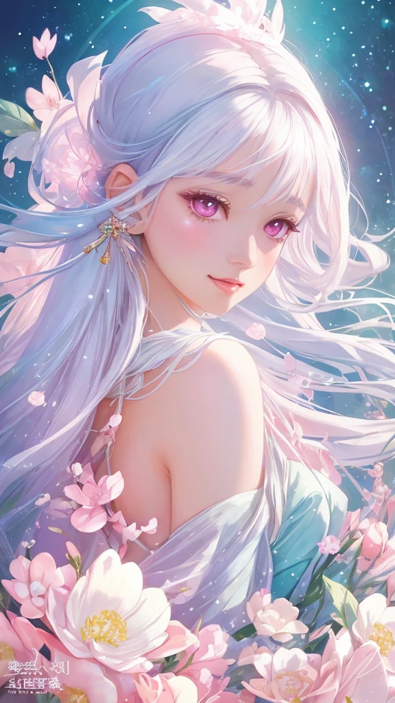 Dazzling colorful lights,Intricate details,Face close-up,Pale pink eyes and white hair with crystal details,Beautiful woman,White flowers in her hair,Pale skin,Light background,Fantasy art style,Fantastic illustrations of Kawashi,pastel colour,Inspired by anime aesthetics,Ethereal Light,Fantasy Style,clavicle,Exposed shoulders,Floating Feather,Shining in a variety of colors,In anime style.,Side angle of view,Ultra-high resolution,Textured skin,Attention to detail,Highest quality,Highest quality,Facing forward、Put on your kimono and face forward、Face forward with your whole body、Gaze, Open your mouth, Character portrait, Look at this, Make eye contact、Overall, forward-looking、Facing forward as if speaking、smile, Open your mouth,