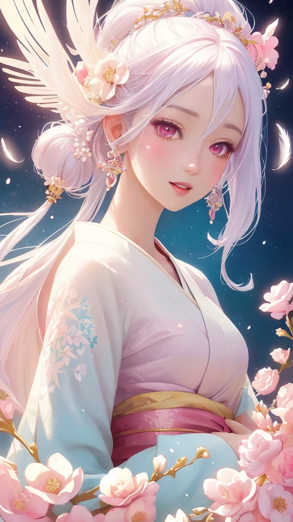 Dazzling colorful lights,Intricate details,Face close-up,Pale pink eyes and white hair with crystal details,Beautiful woman,White flowers in her hair,Pale skin,Light background,Fantasy art style,Fantastic illustrations of Kawashi,pastel colour,Inspired by anime aesthetics,Ethereal Light,Fantasy Style,clavicle,Exposed shoulders,Floating Feather,Shining in a variety of colors,In anime style.,Side angle of view,Ultra-high resolution,Textured skin,Attention to detail,Highest quality,Highest quality,Facing forward、Put on your kimono and face forward、Face forward with your whole body、Gaze, Open your mouth, Character portrait, Look at this, Make eye contact、Overall, forward-looking、Facing forward as if speaking、smile, Open your mouth, 