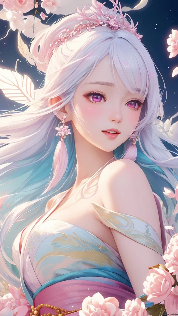 Dazzling colorful lights,Intricate details,Face close-up,Pale pink eyes and white hair with crystal details,Beautiful woman,White flowers in her hair,Pale skin,Light background,Fantasy art style,Fantastic illustrations of Kawashi,pastel colour,Inspired by anime aesthetics,Ethereal Light,Fantasy Style,clavicle,Exposed shoulders,Floating Feather,Shining in a variety of colors,In anime style.,Side angle of view,Ultra-high resolution,Textured skin,Attention to detail,Highest quality,Highest quality,Facing forward、Put on your kimono and face forward、Face forward with your whole body、Gaze, Open your mouth, Character portrait, Look at this, Make eye contact、Overall, forward-looking、Facing forward as if speaking、smile, Open your mouth,