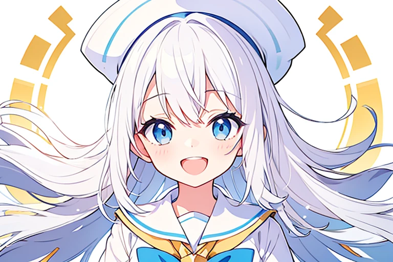 Smiling and open mouth、Pure white background、White hat with gold decoration、Long white hair、Sailor&#39;White uniform