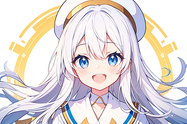 Smiling and open mouth、Pure white background、White hat with gold decoration、Long white hair、Sailor'White uniform
