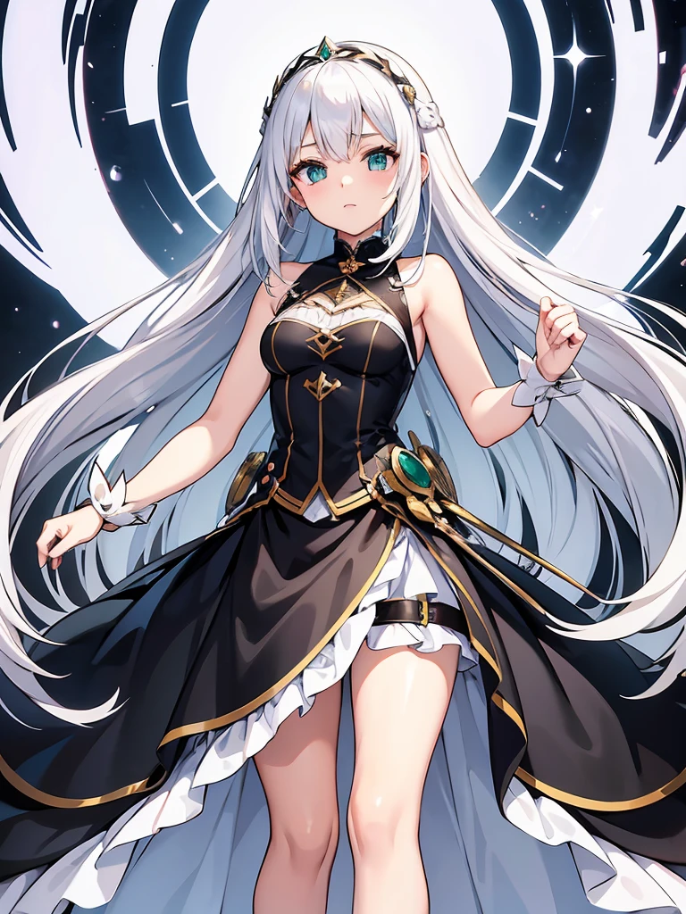 masterpiece, super fine illustration, extremely detailed, 1girl, flat background, full body, standing, extremely detailed face and eyes,Anime character with long white hair and black dress, deity with white hair, from arc knights, cute anime waifu in nice dress, white hair, in dress, artstation trending on pixiv, from girls front line, white hair, official character art, perfect girl with white hair, lady with white hair,(shining sharp emerald eyes), dress is sleeveless,(perfect hands)