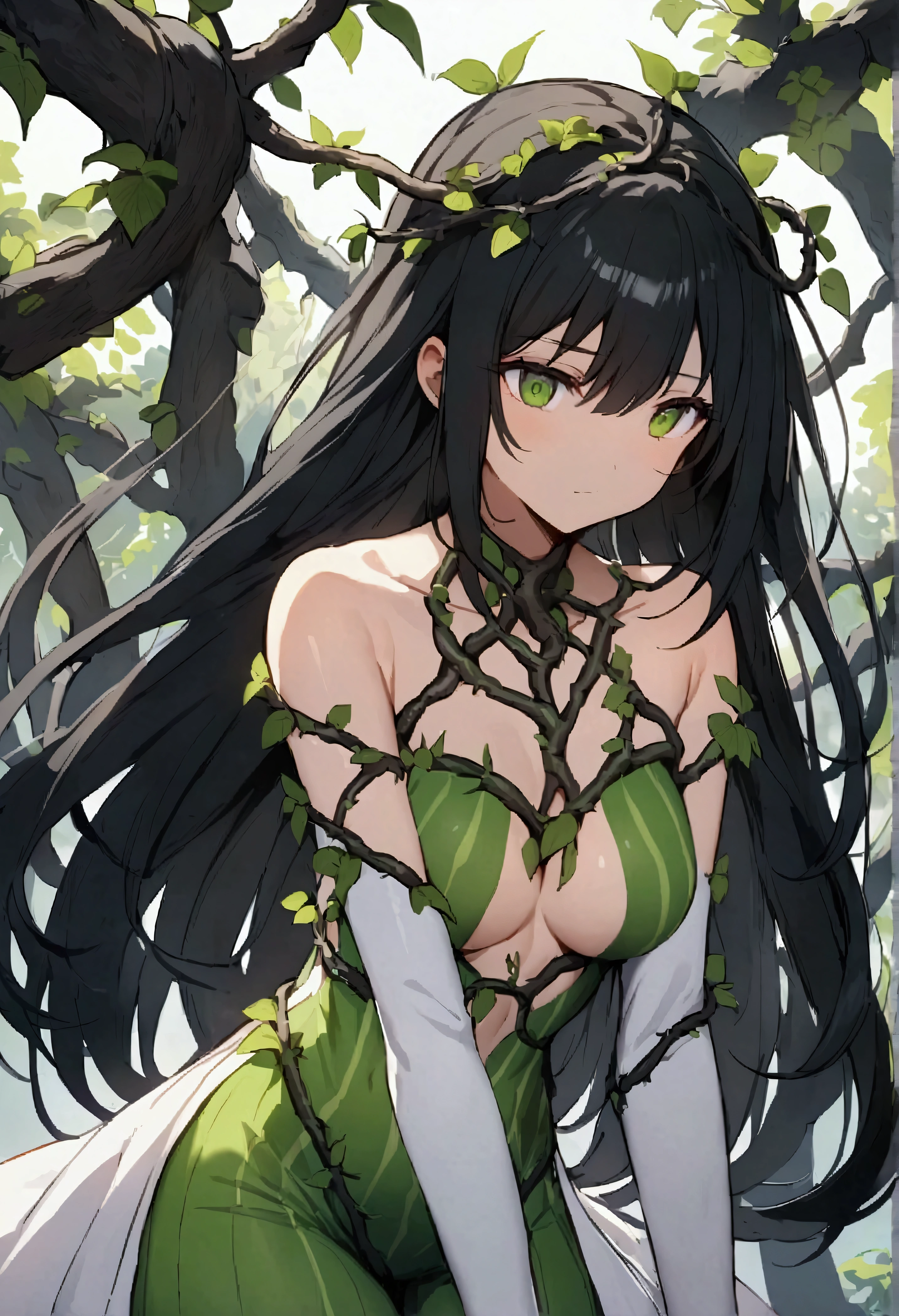 Anime female character,Has long black hair,There are green stripes on it,There are branches or vines on the body