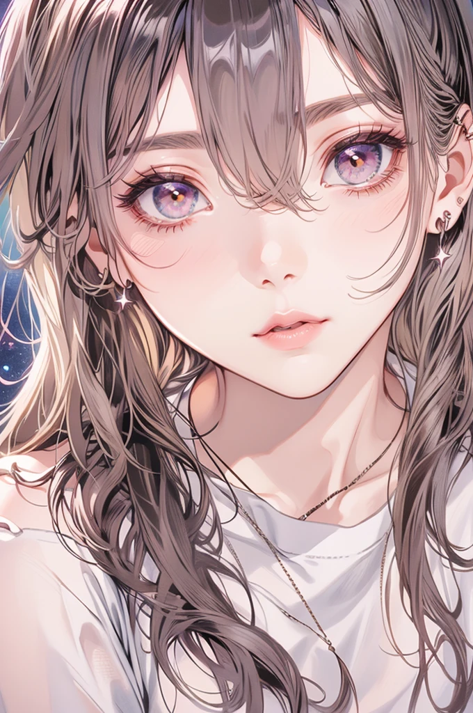masterpiece, Highest quality, Pixiv, Cool girl, Dark pink brown hair, Curly Hair, Blunt bangs, Straight bangs, Grey Eyes, White skin,off shoulder white t-shirt、 Improve、Face close-up、Midnight starry sky background