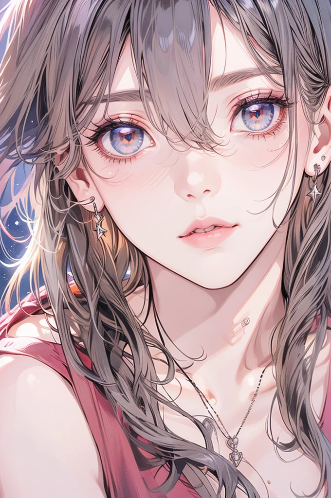 masterpiece, Highest quality, Pixiv, Cool girl, Dark pink brown hair, Curly Hair, Blunt bangs, Straight bangs, Grey Eyes, White skin,off shoulder white t-shirt、 Improve、Face close-up、Midnight starry sky background