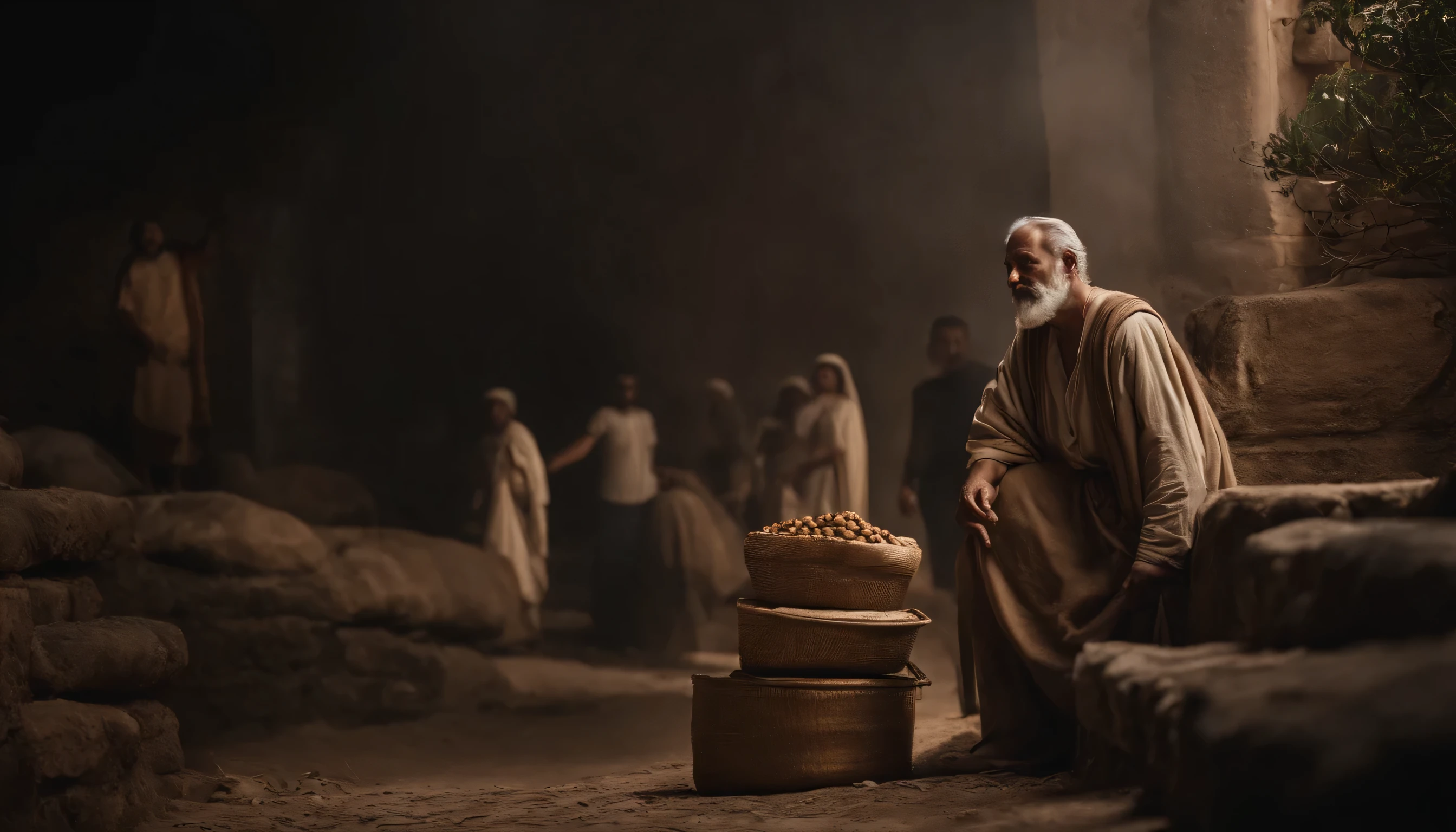 un homme donnant des pièces d'argent à l'aubergiste. Passage du Bon Samaritain de la Bible