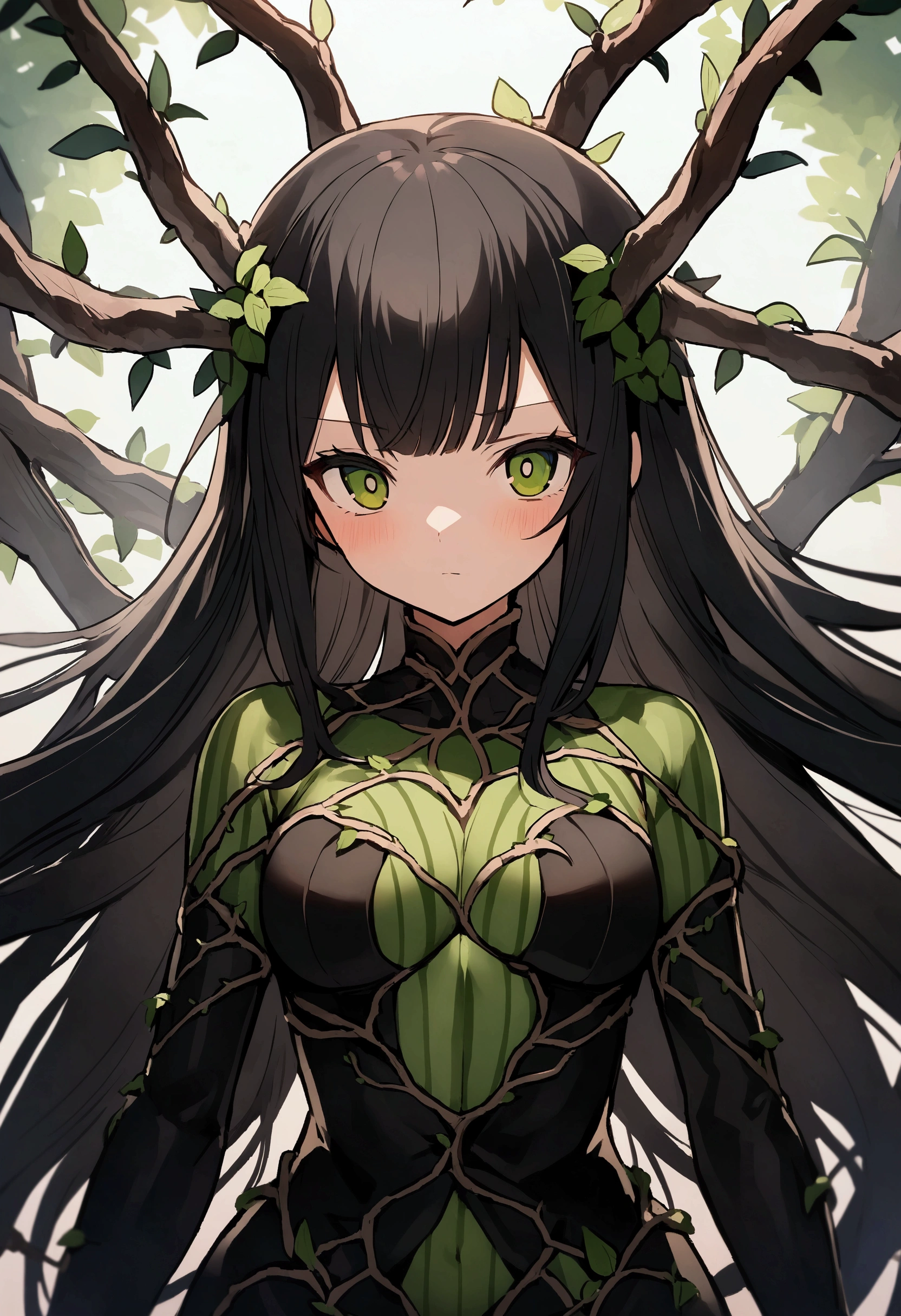 Anime female character,Has long black hair,There are green stripes on it,There are branches or vines on the body