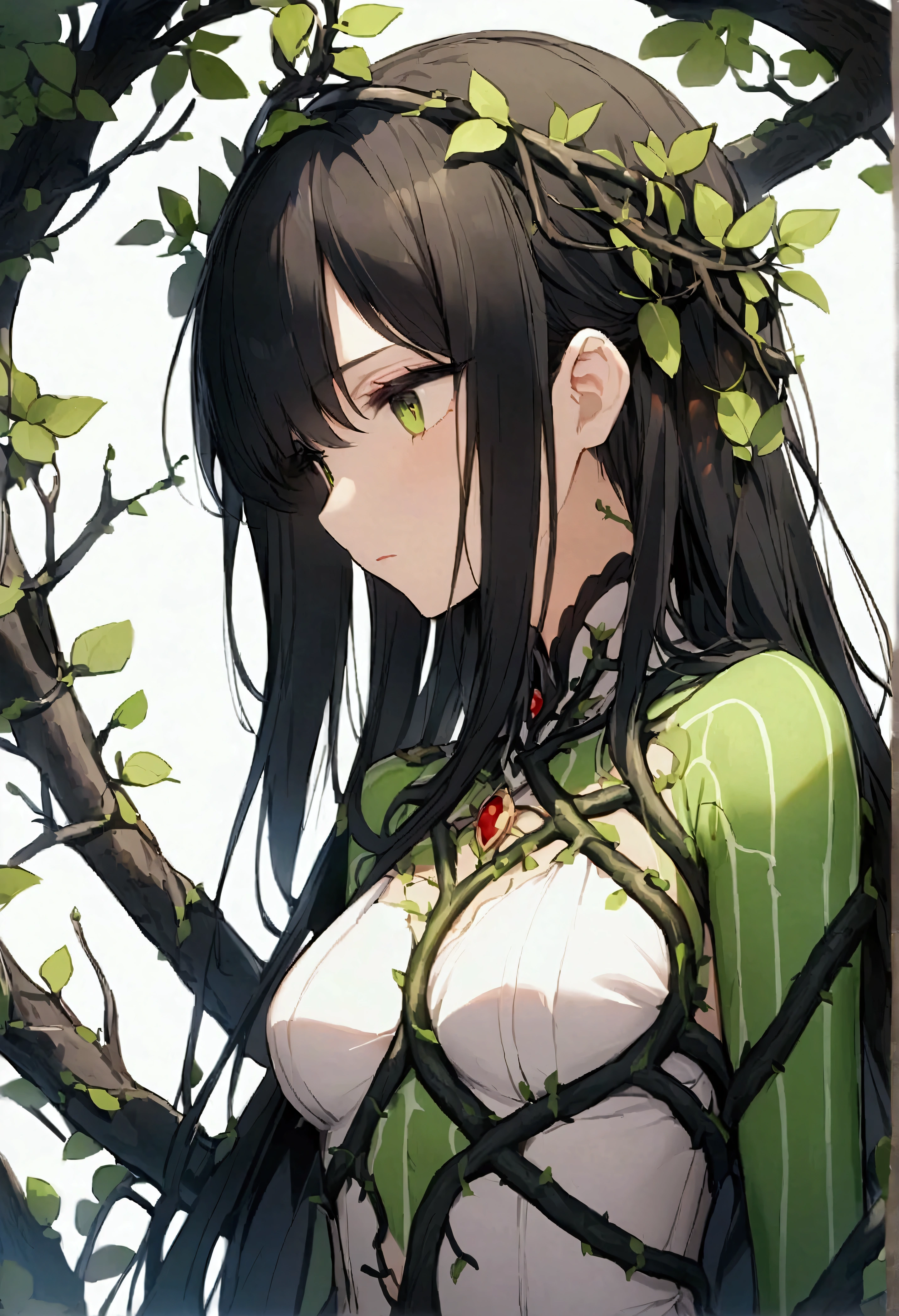 Anime female character,Has long black hair,There are green stripes on it,There are branches or vines on the body