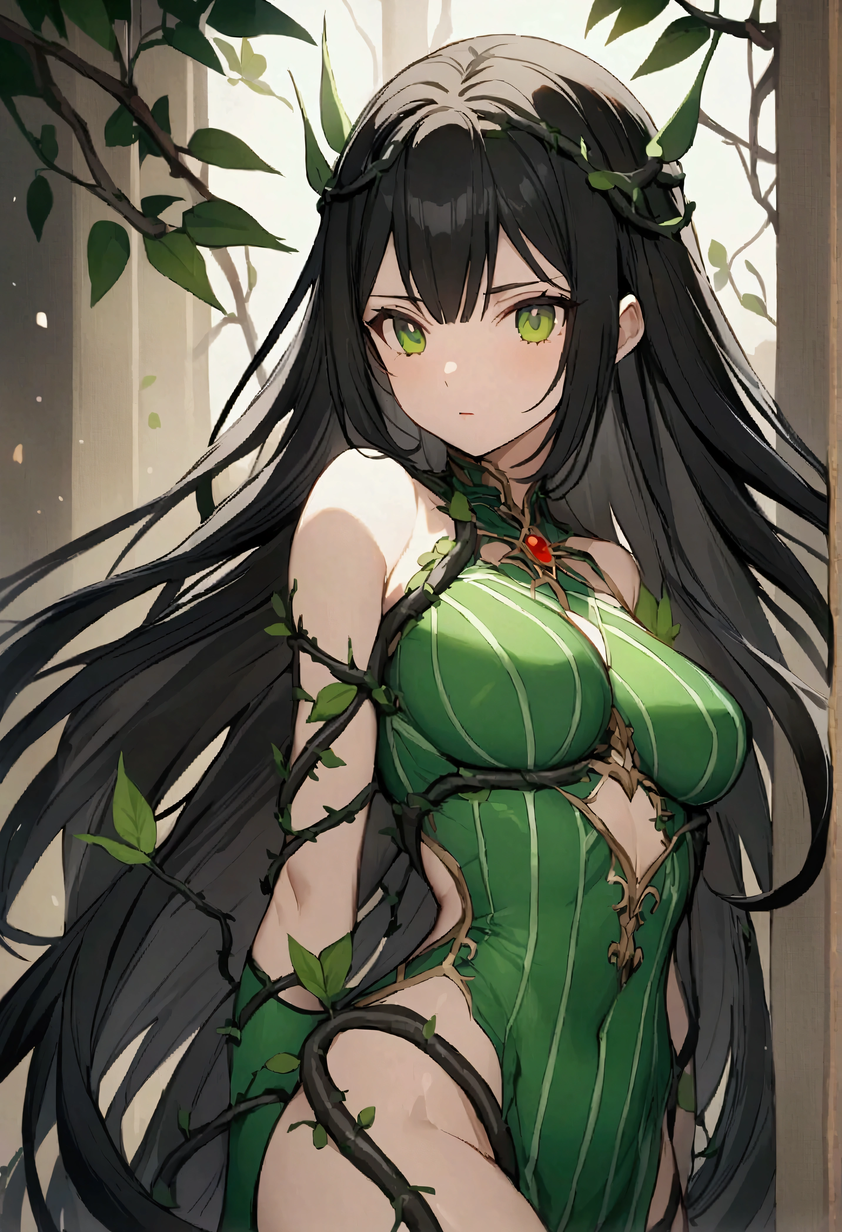 Anime female character,Has long black hair,There are green stripes on it,There are branches or vines on the body