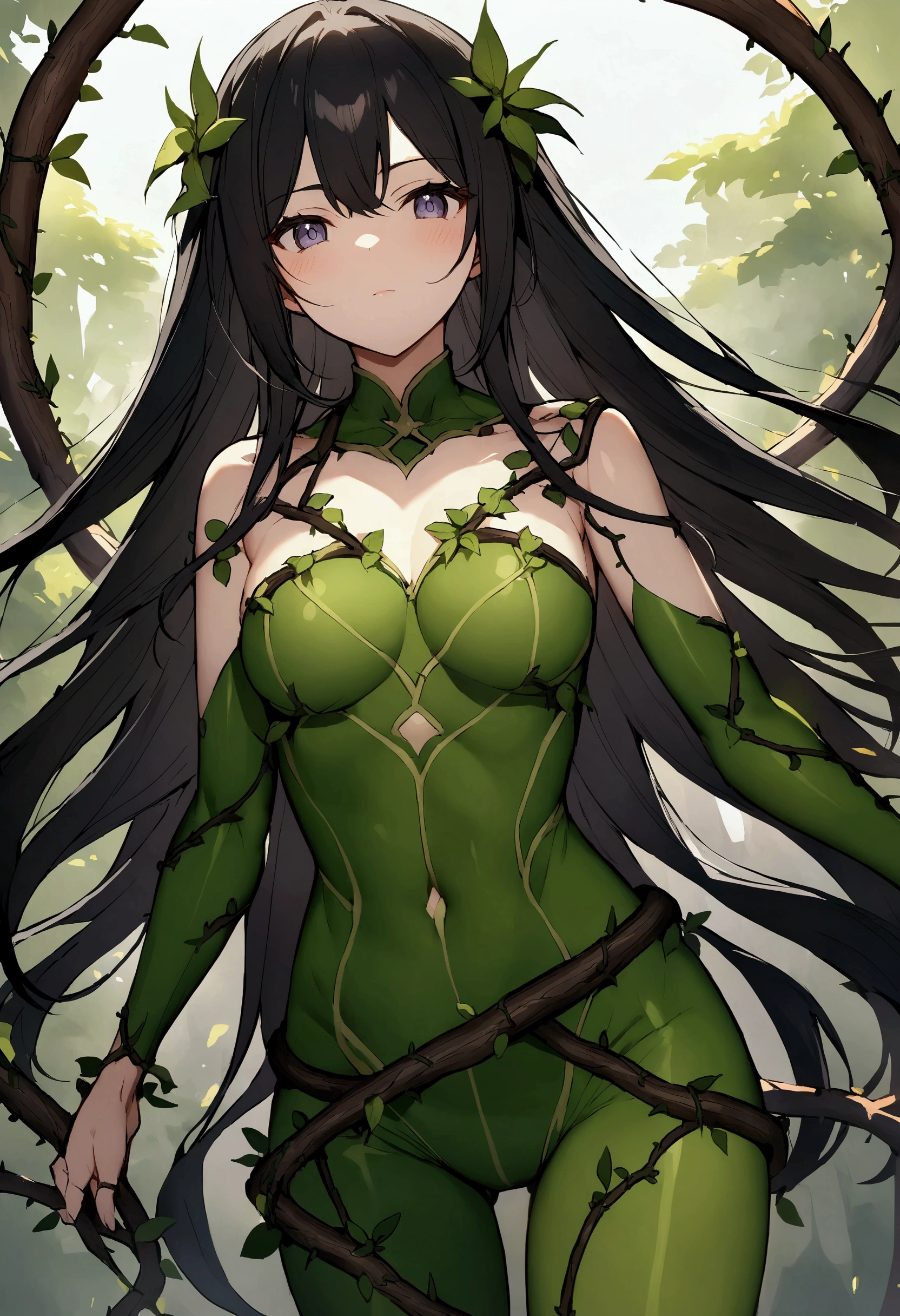 Anime female character，Has long black hair，There are green stripes on it，There are branches or vines on the body