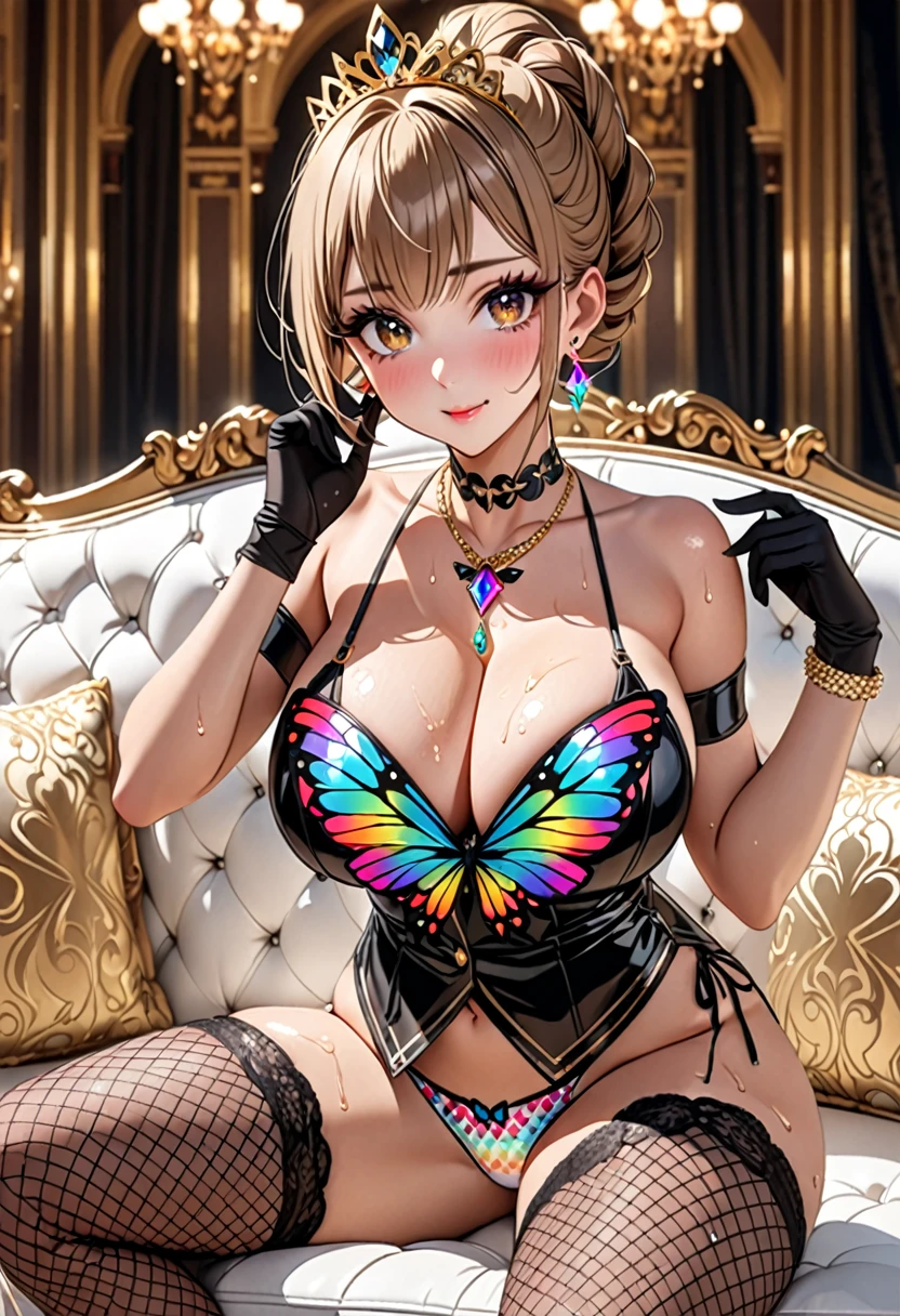 (((Highest quality, Ultra-high resolution、The most complex and detailed depiction)))、((masterpiece:1.3)), (8k, RAW Photos, Best image quality: 1.4), (Very detailedな顔、Attention to detail、Cute woman:1.4),(Realistic:1.4) (8k, RAW Photos,), (photo-Realistic:1.4), Very detailed, Beautiful attention to detail, (girl:1.3)、(Embarrassing、He looks at me with a sad expression、Ecstatic expression,blush)、(Dark eyeliner、Eyelash length、False eyelashes、double eyelid),((Brown eyes)),(hostess:1.2),((A bra with a pale rainbow gradient butterfly pattern)、(Light rainbow gradient butterfly pattern panties))、(Gorgeous ruby necklace、Large gold earrings)、(Gold bracelet、A gorgeous gold tiara studded with jewels)、((Sheer black lace dresesh fabric、Fishnet tights),(Black opera gloves)),(Huge breasts:1.6)、(Cleavage:1.2)、(((Light brown hair、Braided Hair、((Tie your hair up,Give hair))、Gal-style makeup、(Dark eyeliner、Black eyeliner、Heavy eye makeup、Eyelash length、False eyelashes、Eyelash length)、Slit eyes、Large pupils、elongated nose、Heavy makeup、Face with gills、(((Perfect Style)))、Spread your legs座る、Spread your legs、(Saggy breasts、Large saggy breasts)、((Sweat、Your body is wet))、(((Luxurious white sofa、Spread your legs座っている)))