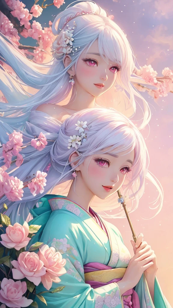 Dazzling colorful lights,Intricate details,Face close-up,Pale pink eyes and white hair with crystal details,Beautiful woman,White flowers in her hair,Pale skin,Light background,Fantasy art style,Fantastic illustrations of Kawashi,pastel colour,Inspired by anime aesthetics,Ethereal Light,Fantasy Style,clavicle,Exposed shoulders,Floating Feather,Shining in a variety of colors,In anime style.,Side angle of view,Ultra-high resolution,Textured skin,Attention to detail,Highest quality,Highest quality,Facing forward、Put on your kimono and face forward、Face forward with your whole body、Gaze, Open your mouth, Character portrait, Look at this, Make eye contact、Overall, forward-looking、Facing forward as if speaking、smile, Open your mouth, 