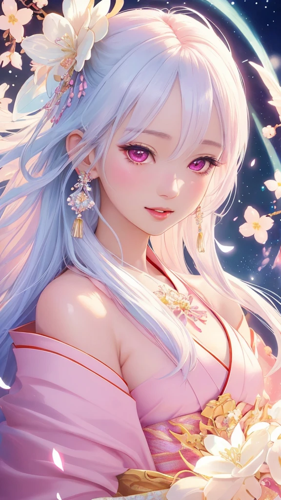 Dazzling colorful lights,Intricate details,Face close-up,Pale pink eyes and white hair with crystal details,Beautiful woman,White flowers in her hair,Pale skin,Light background,Fantasy art style,Fantastic illustrations of Kawashi,pastel colour,Inspired by anime aesthetics,Ethereal Light,Fantasy Style,clavicle,Exposed shoulders,Floating Feather,Shining in a variety of colors,In anime style.,Side angle of view,Ultra-high resolution,Textured skin,Attention to detail,Highest quality,Highest quality,Facing forward、Put on your kimono and face forward、Face forward with your whole body、Gaze, Open your mouth, Character portrait, Look at this, Make eye contact、Overall, forward-looking、Facing forward as if speaking、smile, Open your mouth, 