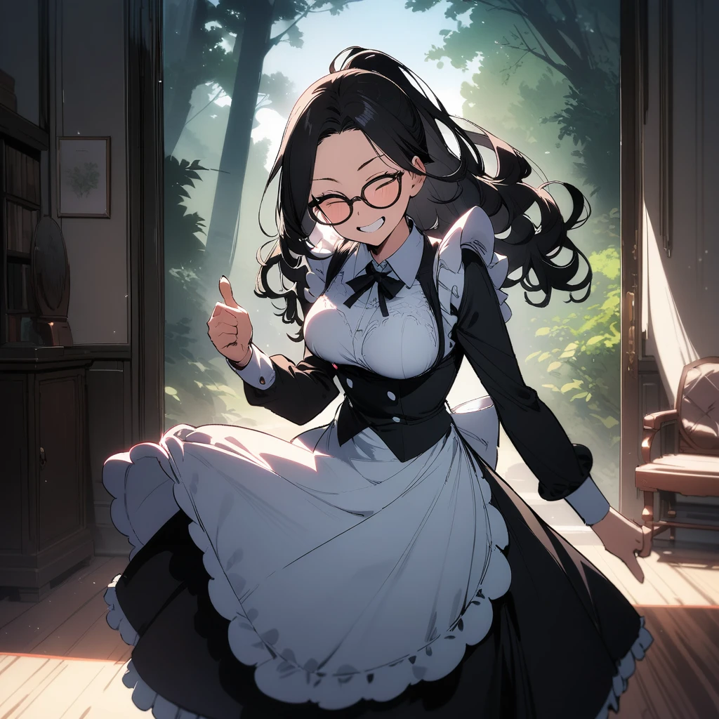 (masterpiece),(best quality),very aesthetic,(ultra-detailed),high saturation,1woman,forties woman,40yo,slender,long hair,black hair,wavy hair,ponytail,closed eyes,(under-rim glasses),grin,fusion of black maid clothes and secretary clothes,styligh clothes,maid apron,long maid skirt,long sleeves,Sturdy shoes,standing,thumbs up,Western-style office,forest landscape,Lace curtains flutter in the wind,Old furnishings,daytime,looking at viewer,cowboy shot