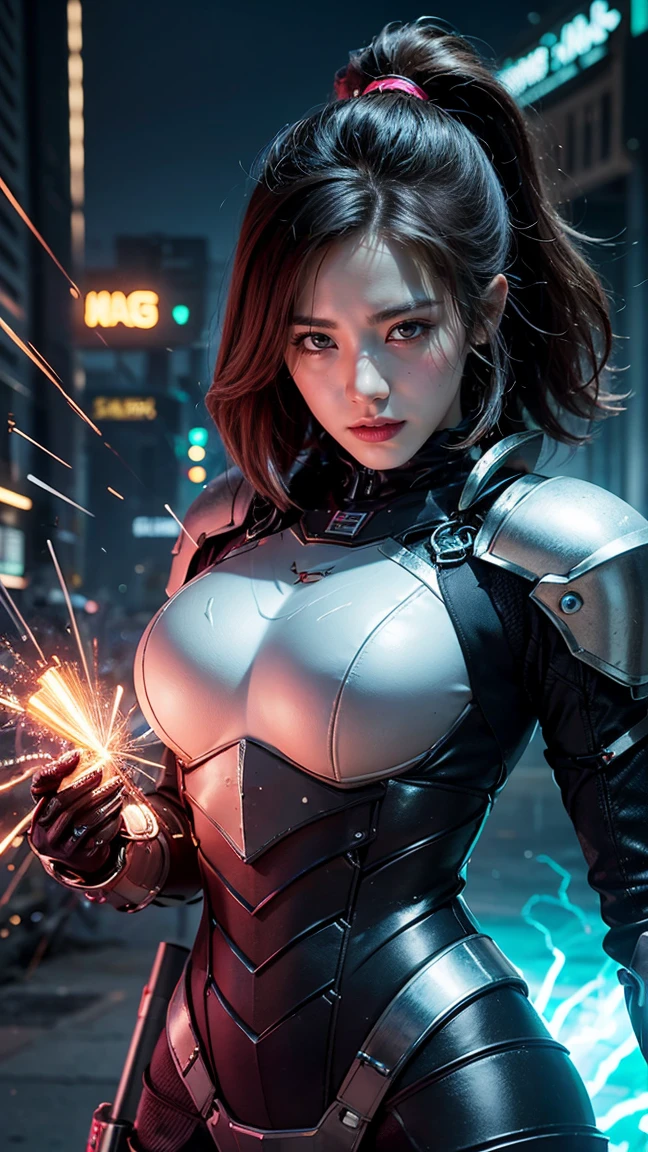 Draw Rell in her new 'Cybersteel' skin, featuring futuristic, massive k-cups,high-tech armor with neon lights and mechanical elements. Rell is activating her 'Magnet Storm' ability, with her lance and armor emitting a magnetic field that pulls in enemies. The environment is filled with electric sparks and high-tech effects highlighting the magnetic energy.