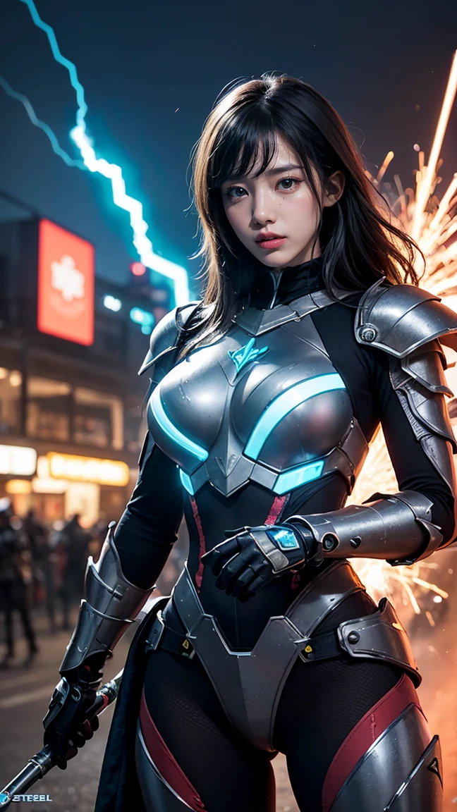 "Illustrate Caitlyn from League of Legends by Riot Games in her Pulsefire skin, featuring her sleek, no having clothes,time-travel armor with glowing blue accents and advanced tech, having massive k-cups:1.55. She's in a futuristic cityscape with flying cars and holographic advertisements, in an attractive pose with a determined, vigilant look."

