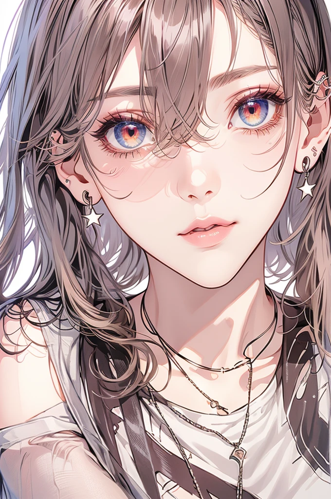 masterpiece, Highest quality, Pixiv, Cool girl, Dark pink brown hair, Curly Hair, Blunt bangs, Straight bangs, Grey Eyes, White skin,off shoulder white t-shirt、 Improve、Face close-up、Midnight starry sky background