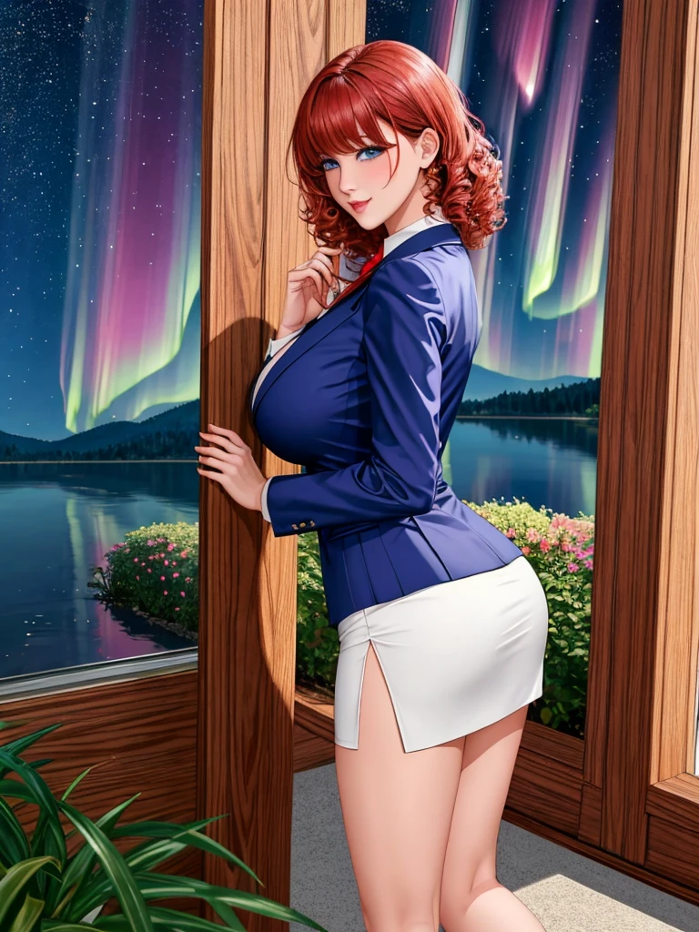 office lady, sexy lady, high homosexual, wear suit, wear short skirt, BIG ASS, big breast, red hair, slanted bangs, natural curly hair, big breasts, blushing, fun / be happy, glittering eyes, high resolution, Masterpiece, Anatomically correct, precise, qualityที่ดีที่สุด, details, โมเดลhigh resolution, detailsสูง, quality, detailsมาก, high resolutionสุด, realistic textures, blue eyes, lady walk on flower garden, aurora and stars background, tree pine background, lake background, shadow on floor,