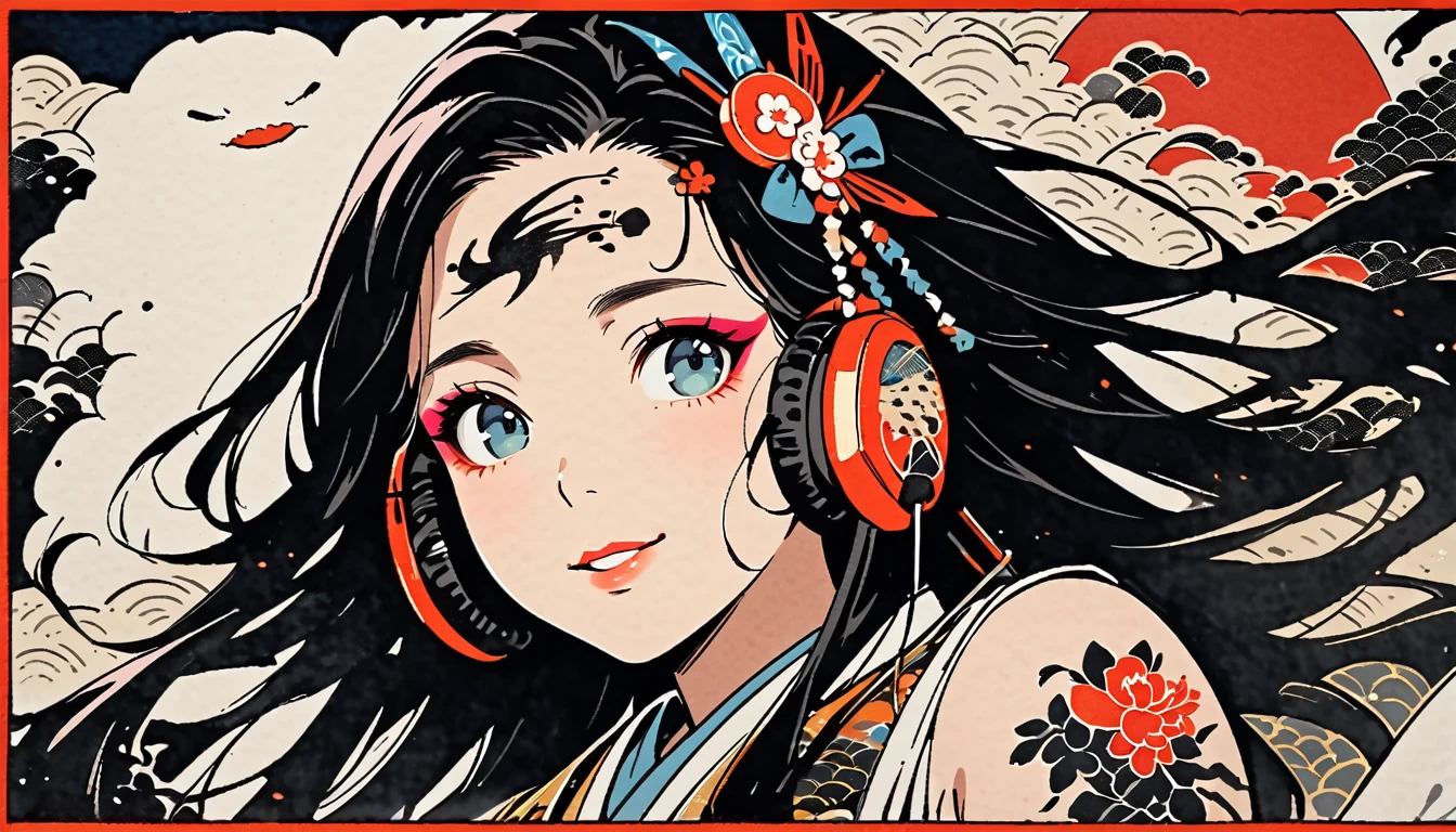 (((Ink Painting))), (((from below))), (((1 female))), (((Tattoo in the center of the forehead))), (((Very flashy hair accessories))), (((Very flashy makeup))), Japanese style headphones, devil, face close-up, front view, Japan人の美少女, Black Hair, Delicate and precise, Modern ukiyo-e style,Japan, Droopy eyes, round face, smile, Fuller lips
