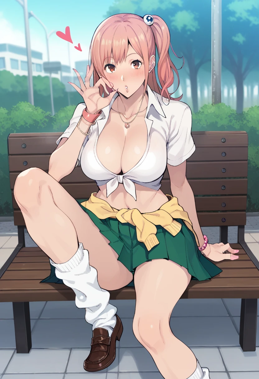 Score_9, score_8_up, score_7_up, score_6_up, source_anime, (honoka\(DOA\)), gyaru, slutty_clothes, sitting on bench, (knee up), cowboy shot, fellatio gesture, heart, 1girl, solo, looking at viewer, blush, parted lips, gyaru, front-tie top, pleated skirt, green skirt, white leg warmers, loose socks, loafers, clothes around waist, bracelet, curvy, voluptuous, large breasts, cleavage, midriff, outdoors, park, on bench, day, tree,