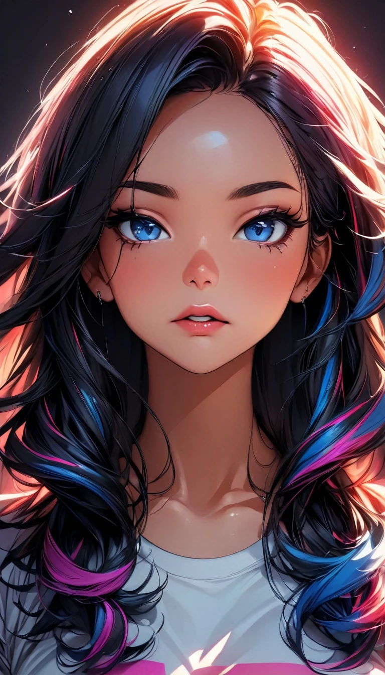 (highest quality:1.2, Very detailed, up to date, Vibrant, Ultra-high resolution, High Contrast, masterpiece:1.2, highest quality, Best aesthetics), Portraiture、girl, (25-years-old:1), slim, Bright colors、Beautiful fine details、Beautiful lip detail、long hair, ((wavy hair:0.4))、messy hair, blonde and blue ((streaked hair:1.3)), highlights hair: 1.3, (medium breast:1), (tan skin:1.3), Supergirl, red cloak, (crop top navel:1), hands on hips, skyscrapers in the background, during the daytime, , (cowboy shot:1.5),