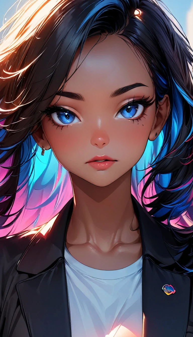 (highest quality:1.2, Very detailed, up to date, Vibrant, Ultra-high resolution, High Contrast, masterpiece:1.2, highest quality, Best aesthetics), Portraiture、girl, (25-years-old:1), slim, Bright colors、Beautiful fine details、Beautiful lip detail、long hair, ((wavy hair:0.4))、messy hair, blonde and blue ((streaked hair:1.3)), highlights hair: 1.3, (medium breast:1), (tan skin:1.3), Supergirl, red cloak, (crop top navel:1), hands on hips, skyscrapers in the background, during the daytime, , (cowboy shot:1.5),