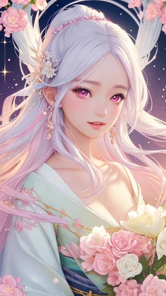 Dazzling colorful lights,Intricate details,Face close-up,Pale pink eyes and white hair with crystal details,Beautiful woman,White flowers in her hair,Pale skin,Light background,Fantasy art style,Fantastic illustrations of Kawashi,pastel colour,Inspired by anime aesthetics,Ethereal Light,Fantasy Style,clavicle,Exposed shoulders,Floating Feather,Shining in a variety of colors,In anime style.,Side angle of view,Ultra-high resolution,Textured skin,Attention to detail,Highest quality,Highest quality,Facing forward、Put on your kimono and face forward、Face forward with your whole body、Gaze, Open your mouth, Character portrait, Look at this, Make eye contact、Overall, forward-looking、Facing forward as if speaking、smile, Open your mouth,