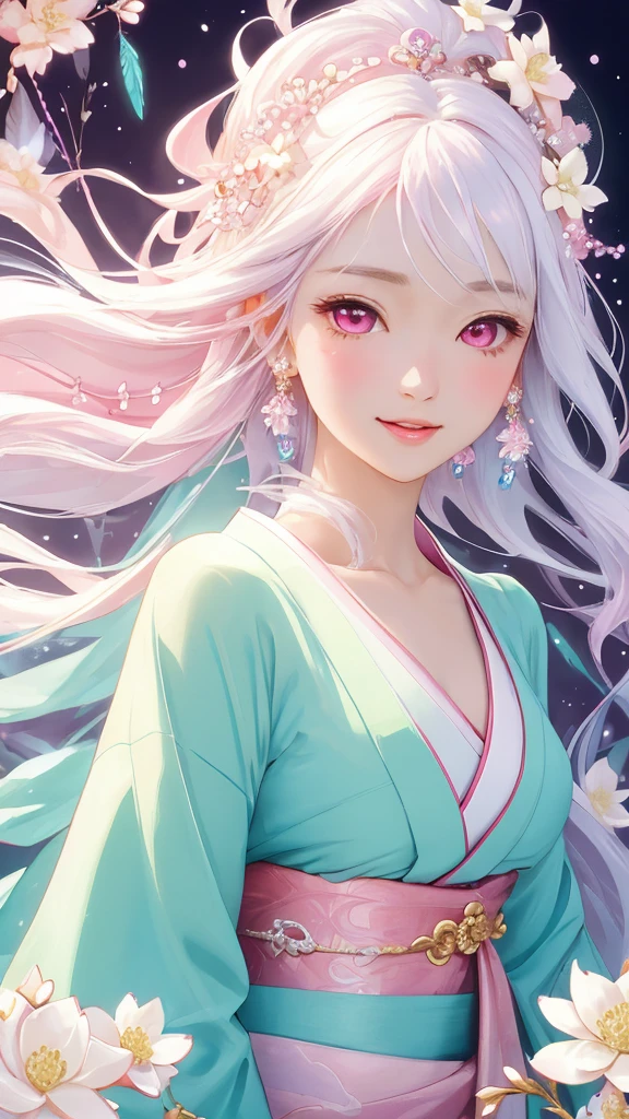 Dazzling colorful lights,Intricate details,Face close-up,Pale pink eyes and white hair with crystal details,Beautiful woman,White flowers in her hair,Pale skin,Light background,Fantasy art style,Fantastic illustrations of Kawashi,pastel colour,Inspired by anime aesthetics,Ethereal Light,Fantasy Style,clavicle,Exposed shoulders,Floating Feather,Shining in a variety of colors,In anime style.,Side angle of view,Ultra-high resolution,Textured skin,Attention to detail,Highest quality,Highest quality,Facing forward、Put on your kimono and face forward、Face forward with your whole body、Gaze, Open your mouth, Character portrait, Look at this, Make eye contact、Overall, forward-looking、Facing forward as if speaking、smile, Open your mouth,