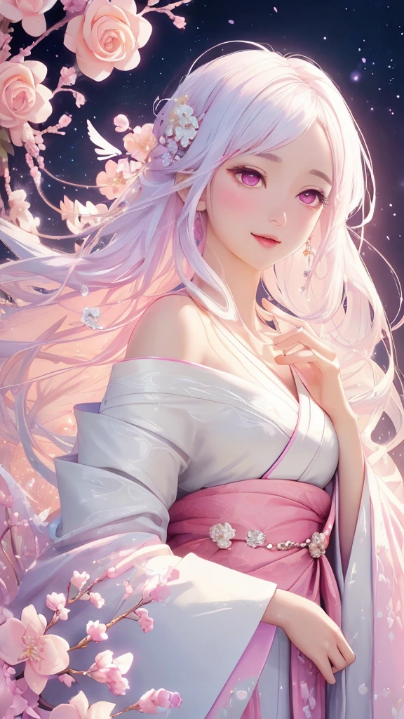 Dazzling colorful lights,Intricate details,Face close-up,Pale pink eyes and white hair with crystal details,Beautiful woman,White flowers in her hair,Pale skin,Light background,Fantasy art style,Fantastic illustrations of Kawashi,pastel colour,Inspired by anime aesthetics,Ethereal Light,Fantasy Style,clavicle,Exposed shoulders,Floating Feather,Shining in a variety of colors,In anime style.,Side angle of view,Ultra-high resolution,Textured skin,Attention to detail,Highest quality,Highest quality,Facing forward、Put on your kimono and face forward、Face forward with your whole body、Gaze, Open your mouth, Character portrait, Look at this, Make eye contact、Overall, forward-looking、Facing forward as if speaking、smile, Open your mouth, 