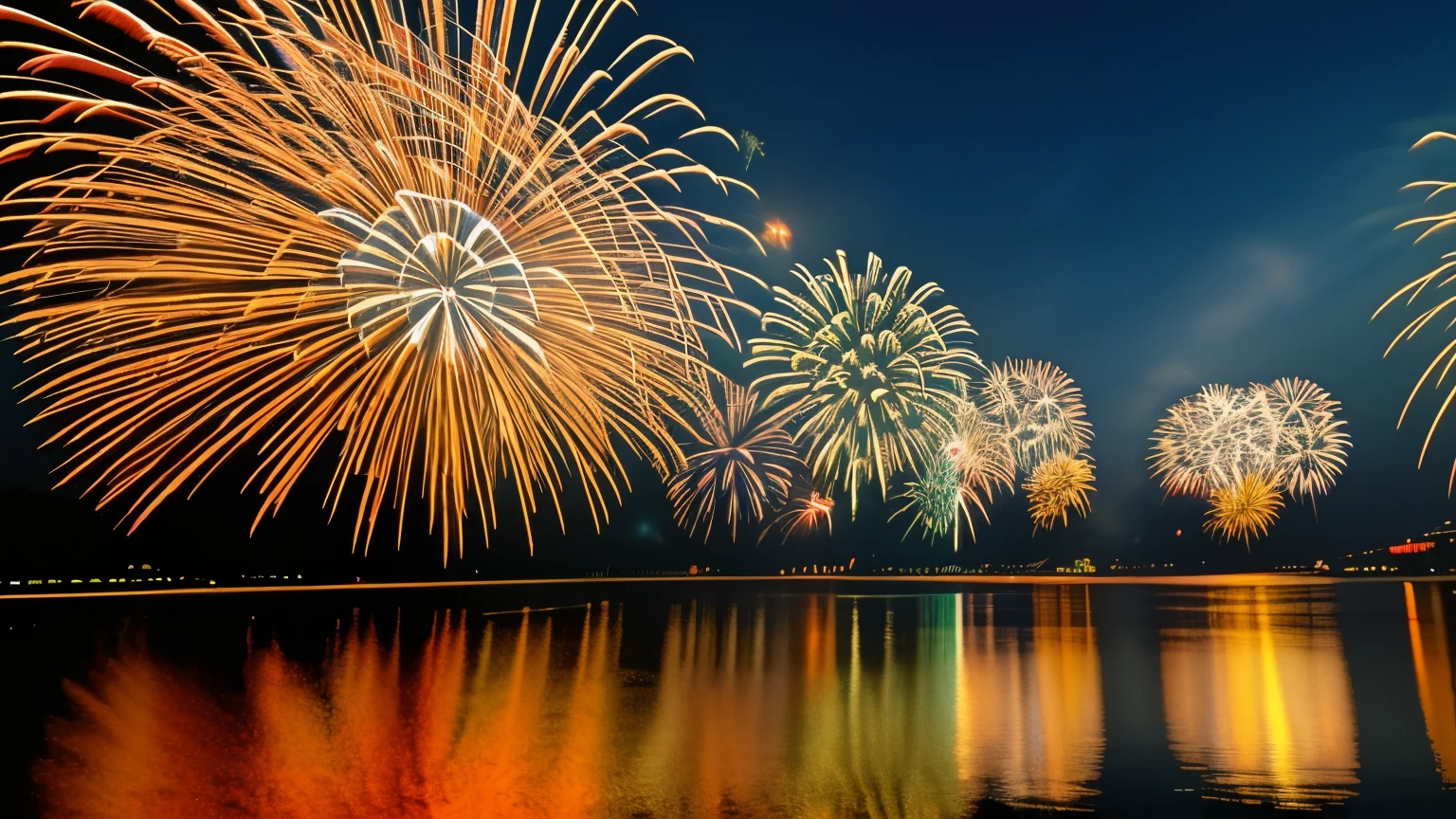 Japanese fireworks festival, colorful fireworks, river reflection, night sky, highly detailed