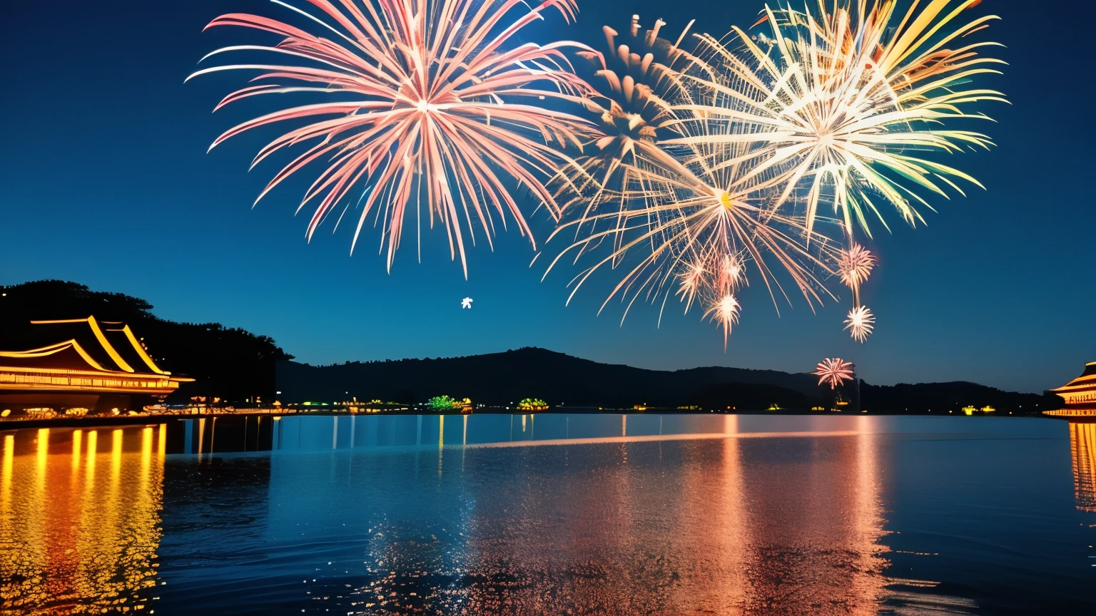 Japanese fireworks festival, colorful fireworks, river reflection, night sky, highly detailed