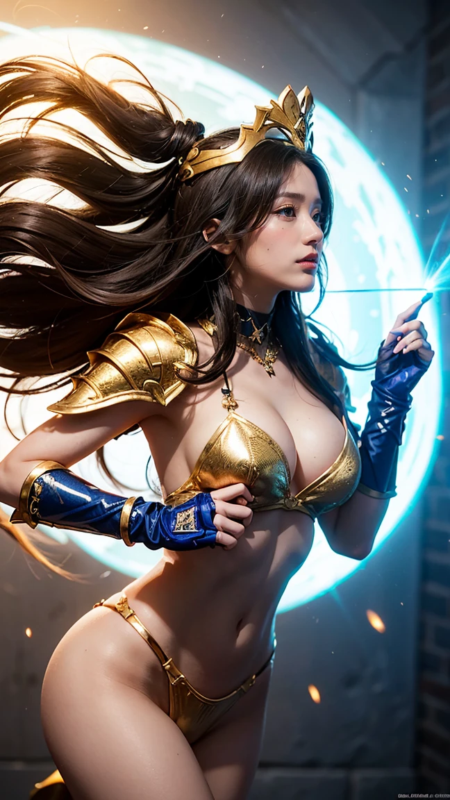 Create an image of Rell in her newest skin, 'Battle Queen,' from League of Legends. massive k-cups,, massive g-cups,no having clothes,She’s adorned in regal, gold and blue armor with intricate details and a crown-like helm. Rell is mid-action, using her 'Shattering Strike' ability, with her lance glowing with radiant energy as she slams it into the ground, creating a burst of golden light.