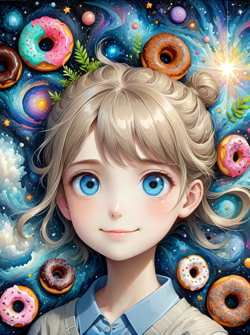 (masutepiece,Digital art,Digital illustration,8k,Super Fine,Beautiful images,Clear images,Photorealism,original photo,Perfect face,Perfect lines,Perfect eyes,Soft Lighting),1girl,(Light brown hair,High bun,Innocent expression,Cute big eyes,Natural makeup,Friendly smile,Rounded chin:1.3),(nervous,shy,sleepy,Awkward:1.2),Innocent smile,充满灯光的Donut店,Donut,各种Donut,Uniforms,suit,Black plaid pleated skirt,Loose cardigan,Female high school student,((Eating Donuts))),(((Couple))),(microorganism,plant,Marine life,Exquisite eyes,Starry Sky,Stitching together an abstract painting,Describing the inner world of autistic people,Sense of space,White Space,interesting,Innocence,Psychedelic Art)