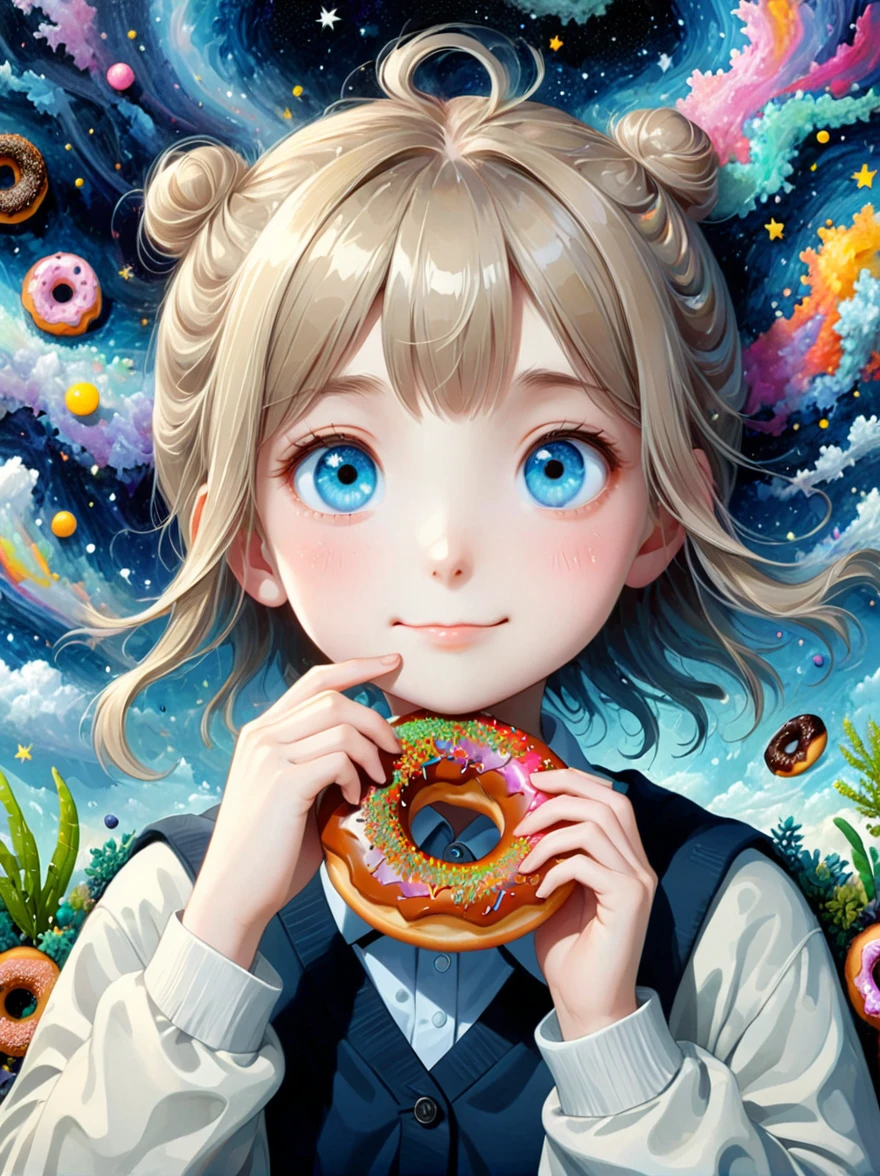 (masutepiece,Digital art,Digital illustration,8k,Super Fine,Beautiful images,Clear images,Photorealism,original photo,Perfect face,Perfect lines,Perfect eyes,Soft Lighting),1girl,(Light brown hair,High bun,Innocent expression,Cute big eyes,Natural makeup,Friendly smile,Rounded chin:1.3),(nervous,shy,sleepy,Awkward:1.2),Innocent smile,充满灯光的Donut店,Donut,各种Donut,Uniforms,suit,Black plaid pleated skirt,Loose cardigan,Female high school student,((Eating Donuts))),(((Couple))),(microorganism,plant,Marine life,Exquisite eyes,Starry Sky,Stitching together an abstract painting,Describing the inner world of autistic people,Sense of space,White Space,interesting,Innocence,Psychedelic Art)