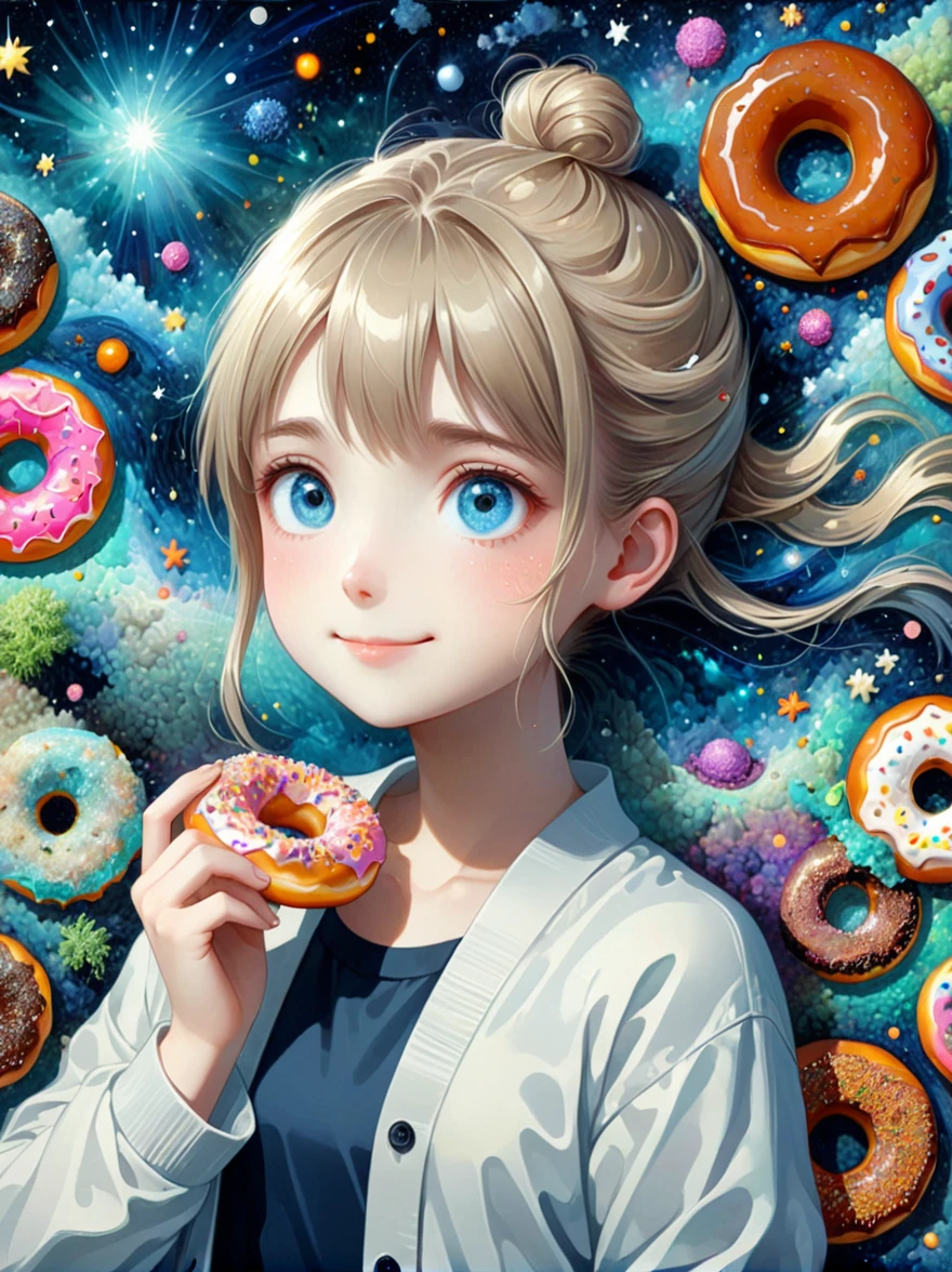 Surreal photos，Seven-Colored Deer Guardian，High-resolution photos，Huge and beautiful seven-colored deer，A peaceful and dreamy scene，A little girl in Hanfu sits next to a giant seven-colored deer，(((Eating donuts)))，Donut crumbs fell on the ground，Bitten donut，Detailed donut eating action，The little girl is very cute，Detailed facial details，The background is a magical forest full of spirituality，Create a soft and ethereal atmosphere。The overall composition is beautiful，microorganism，plant，Marine life，Exquisite eyes，Starry Sky，Stitching together an abstract painting，Describing the inner world of autistic people，Sense of space，White Space，interesting，Innocence，Psychedelic Art