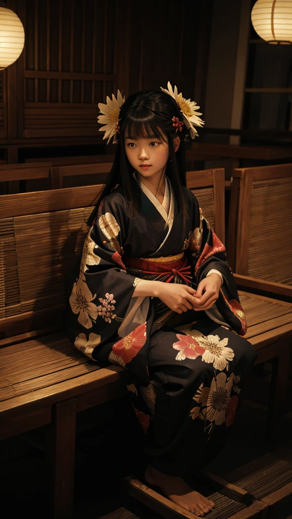 Highest quality, Pixiv, Black Hair, hair ornaments, kimono, hair flower, flower, kimono, mask, One girl, Sitting, Long Hair, with own hands, View your viewers, 6+boy, pray, multiple boy, Flower pattern print, Wide sleeves, chiaroscuro, cinematic lighting, (masterpiece:1.2), UHD, high details, best quality, highres, 8k